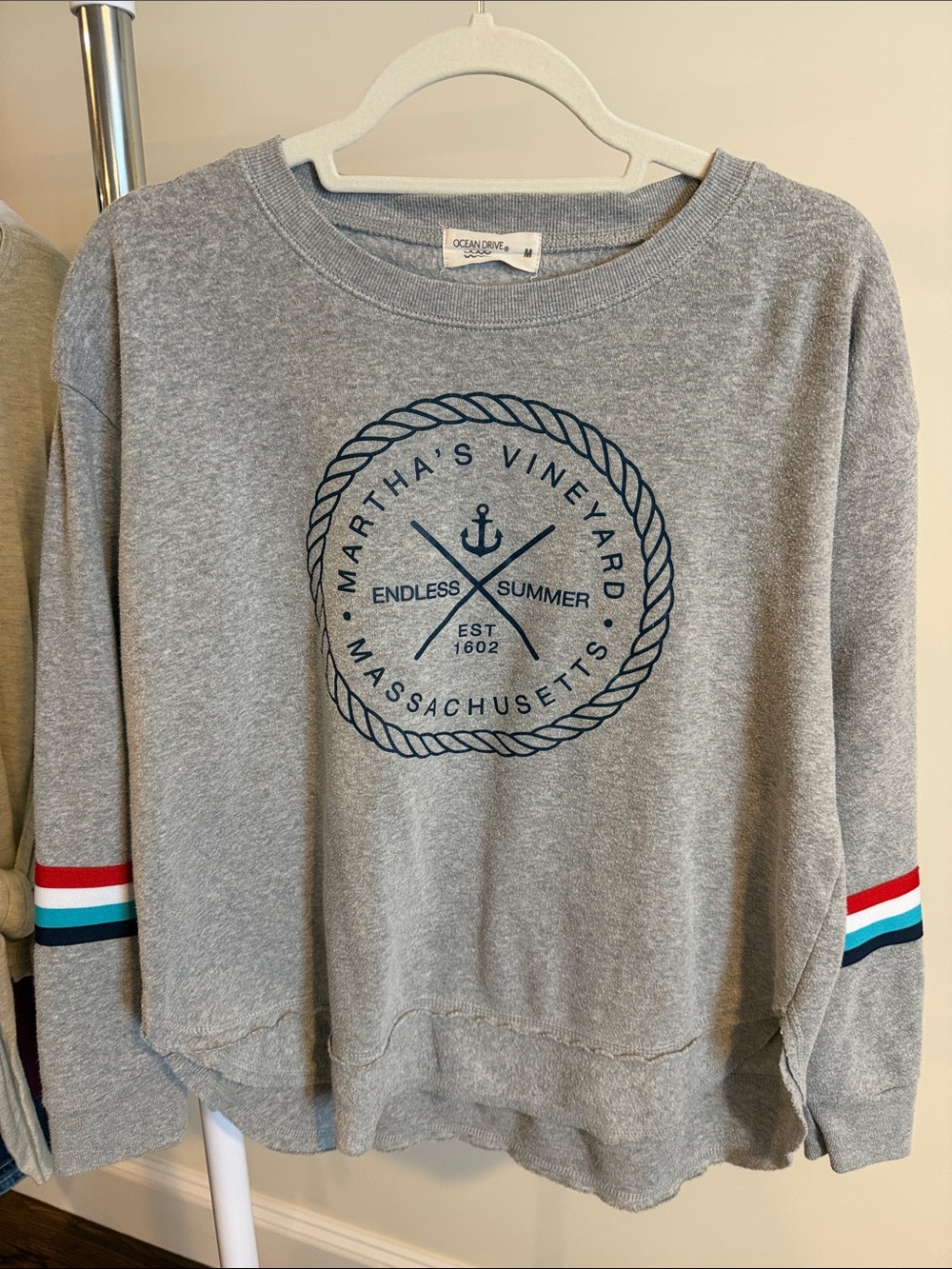 Ocean Drive Gray Martha's Vineyard Sweatshirt with Nautical Sleeve Stripes